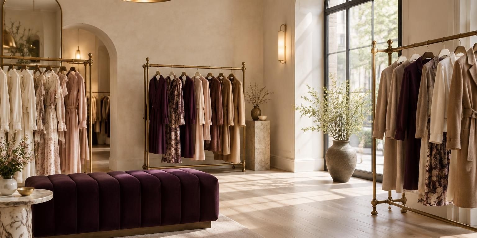 The LadyValtero boutique interior with brass racks of clothing and a plum velvet bench