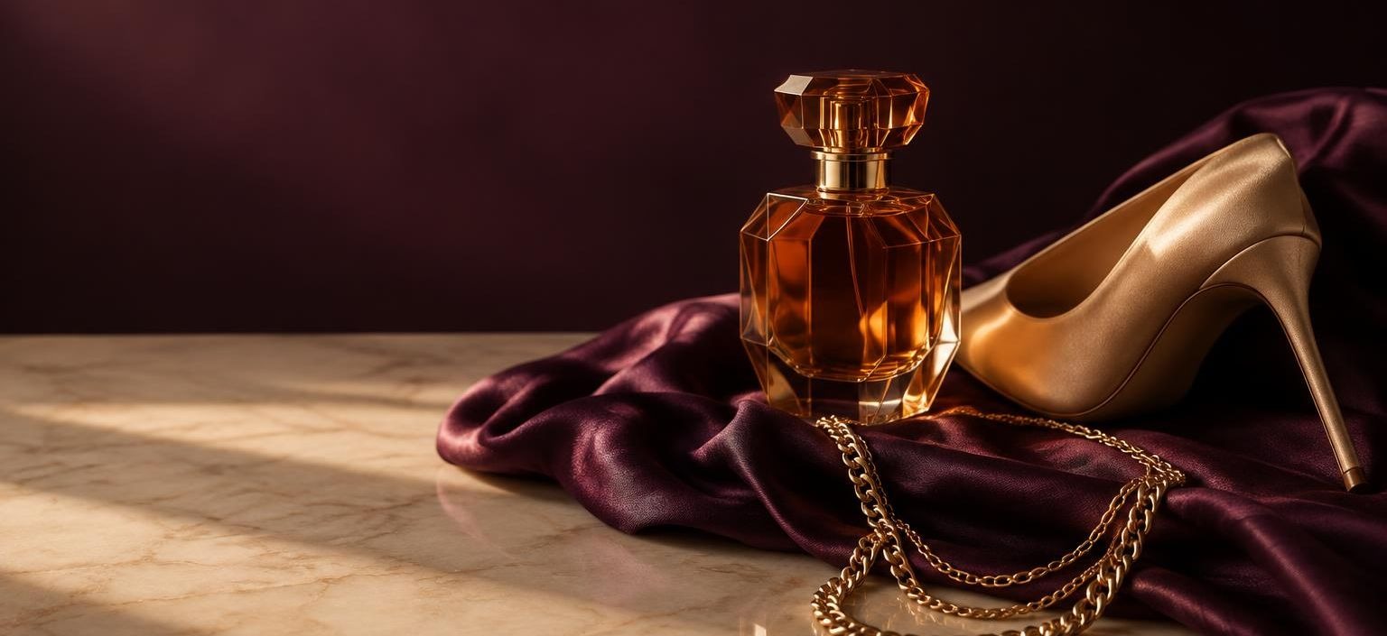 A plum silk scarf, gold chain necklace, perfume bottle and a champagne satin heel arranged on marble