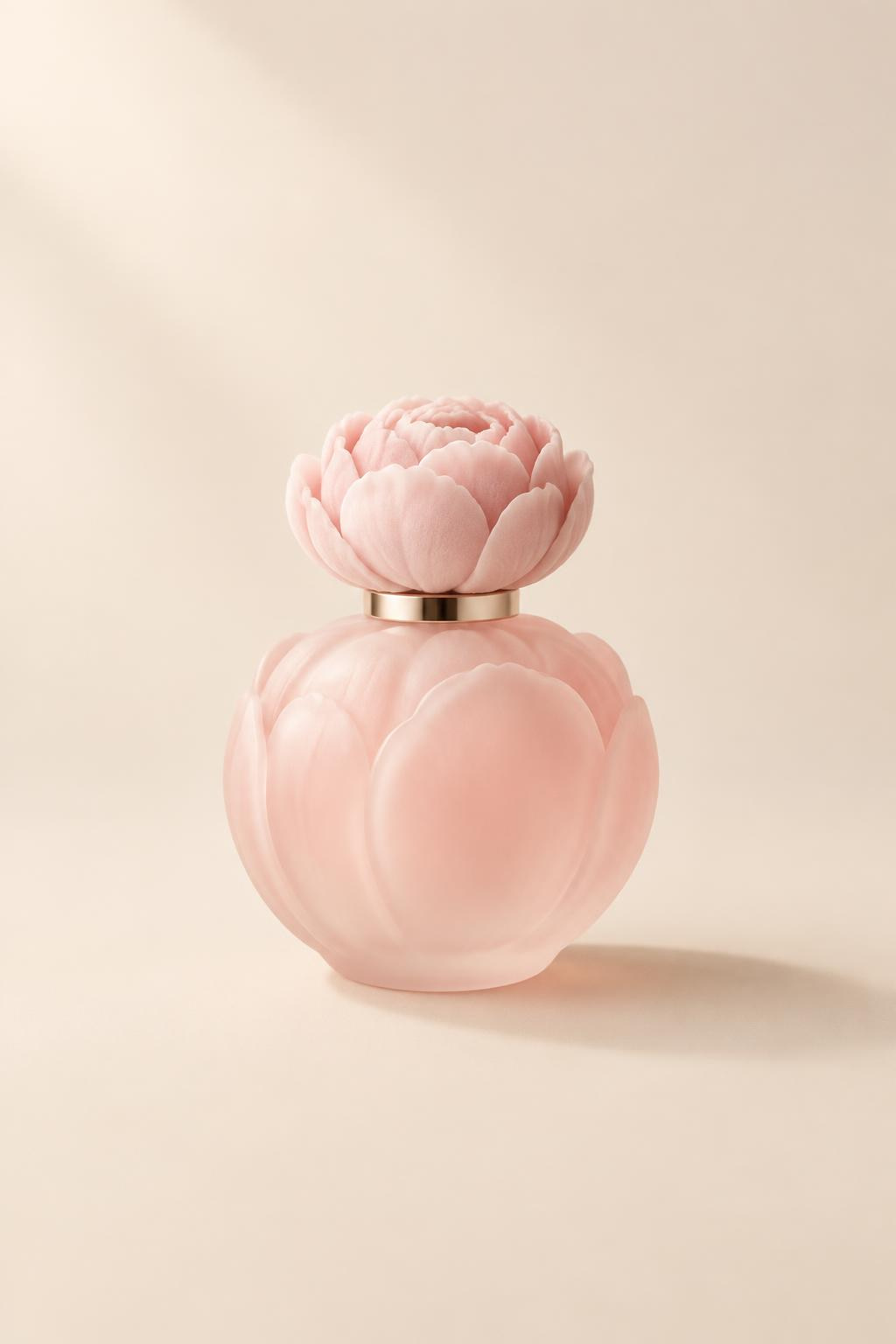 Pink velvet peony perfume bottle with a flower-shaped cap